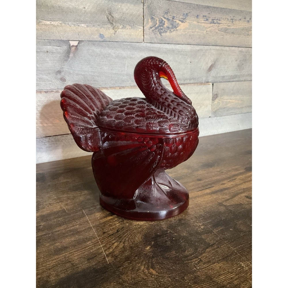 L.E. Smith Ruby Red Amberina Covered Turkey Dish Gorgeous Candy Dish Vintage